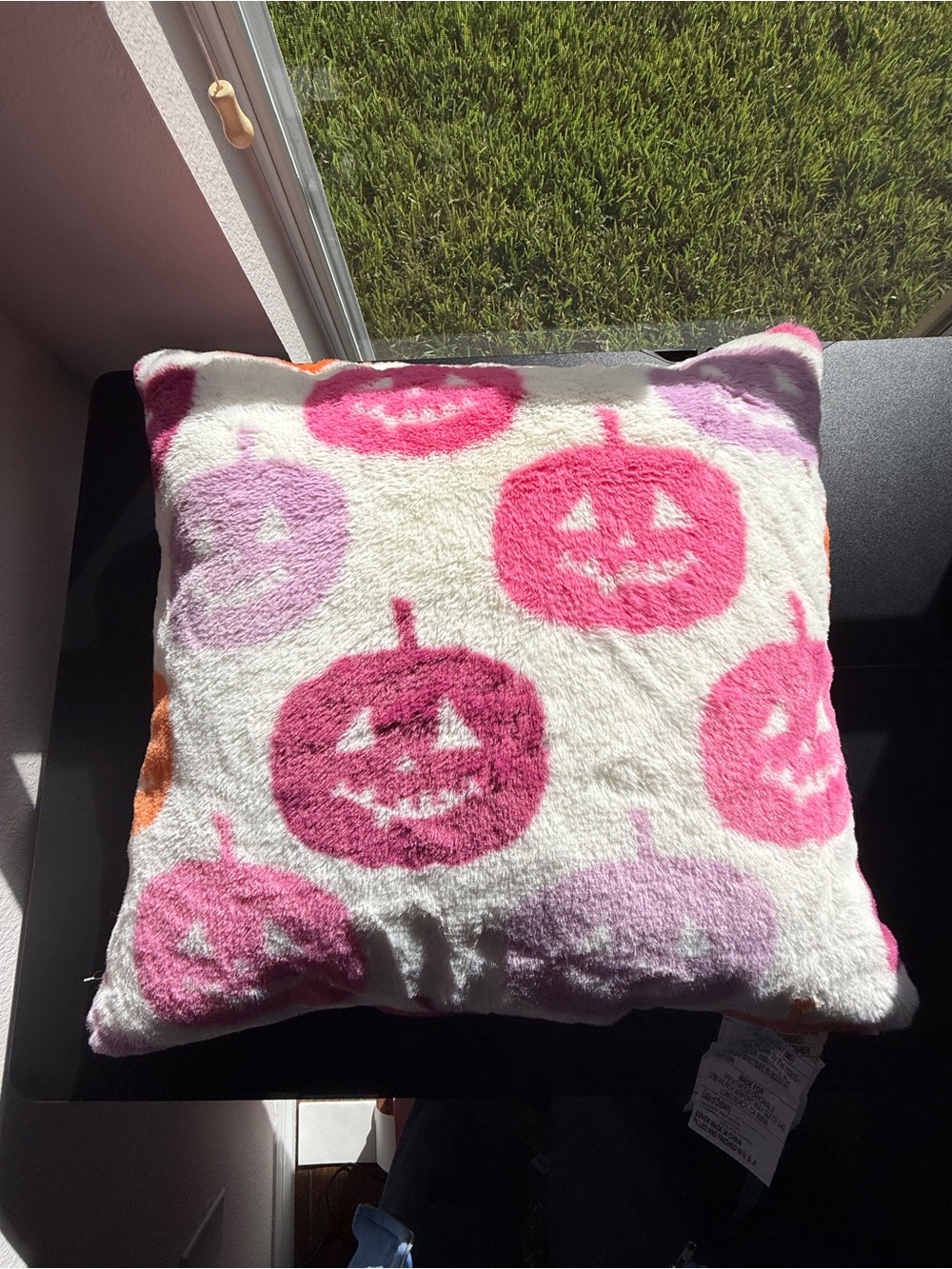 Brentwood Originals Pink Halloween Pumpkin Faux Fur Throw Pillow NWOT Pastel